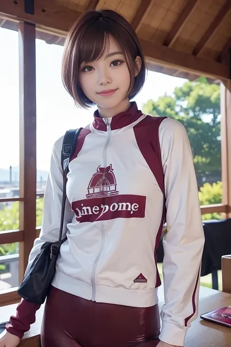 cute japanese college student、21 years old、Super detailed face、Attention to detail、double eyelid、Beautiful thin nose、Sharp focus:1.2、Beautiful woman:1.4、(Maroon brown hair、Short Hair)、（Detailed facial features）、Brunette eyes、natural bangs、White skin、highes...