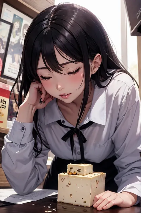 manga,1girl,((tofu on her head)),a girl dies after hitting her head on a tofu corner,19yo, eyes closed, mouth open, black hair,long hair,japanese,avenue,perfect anatomy,beautiful detailed teeth, small mouth, fresh lips,beautiful lighting, volumetric lighti...