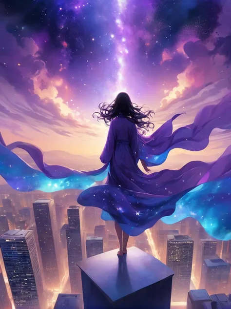 a female figure standing on the rooftop of a high-rise building, rooftop focus，surrounded by swirling currents of cosmic energy,...