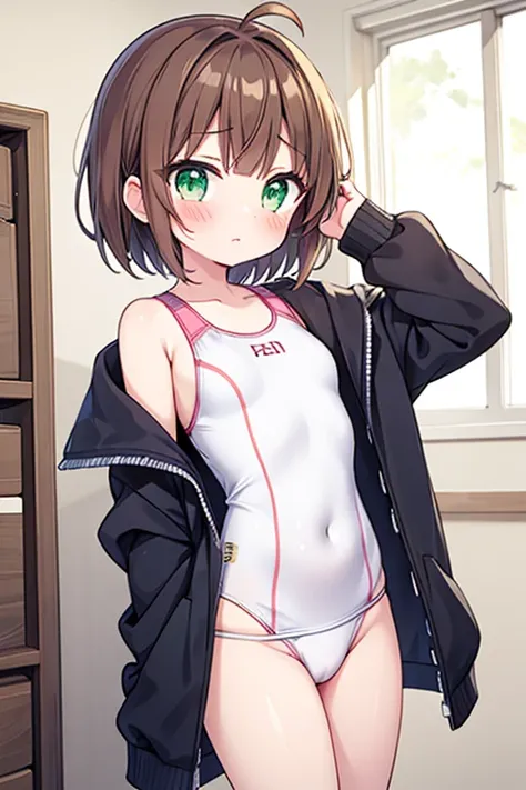 1girl,competition swimsuit kinomoto sakura, solo, green eyes, brown hair, short hair, antenna hair, locker,shiny, looking at viewer, flat chest,blush,pussy,wet clothes,crying face,high reg