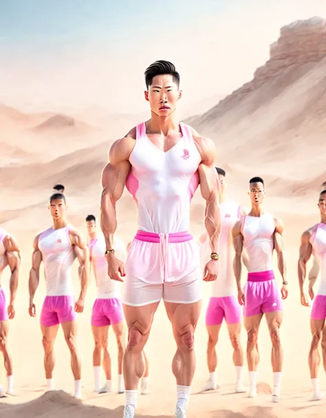 a very very short white china man with pink tracksuit, surrounded by six extremely tall very fit and muscular serious white kore...