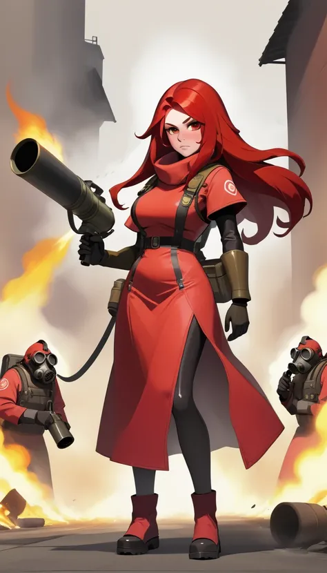 team fortress 2 Pyro Super big breasts long red hair red protective clothing gas mask Flamethrower Mature full-body shot