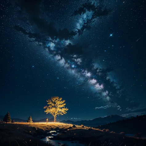 Noche estrellada. Luna llena brillante. Un largo caminonde un bosque iluminado por la luna. El bosque esta humedo debido a una lluvia anterior. En el centro del camino una chica observa la noche llena de estrellas.