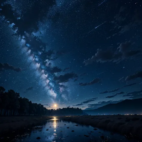 Noche estrellada. Luna llena brillante. Un largo caminonde un bosque iluminado por la luna. El bosque esta humedo debido a una lluvia anterior. En el centro del camino una chica observa la noche llena de estrellas.