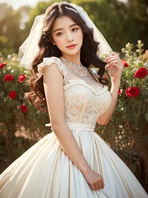 best quality，Clear face，Ultra HD，a beauty，Wearing a vintage style wedding dress，wedding photos，beautiful makeup，model，Small waist，victorian style wedding dress，Beautiful breast shape，Western traditional wedding dress