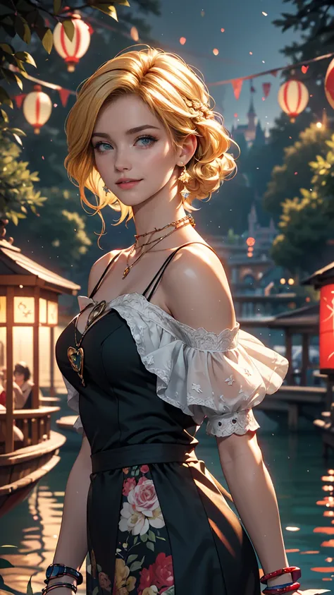 ((最high quality, 8K, masterpiece: 1.3, Ultra HD, high quality, 最high quality, High resolution, realism)) 、A 22-year-old extremely beautiful white woman、Hair color blonde、blue eyeedium Hair、Straight Hair、smile、Slender but well-proportioned body、Background b...