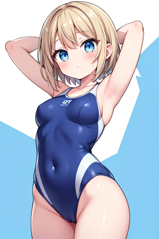 1girl, solo, watanabe you, competition swimsuit, blue eyes, breasts, white background, short hair, one-piece swimsuit, simple background, looking at viewer, arms behind head,get wet,high reg,pussy