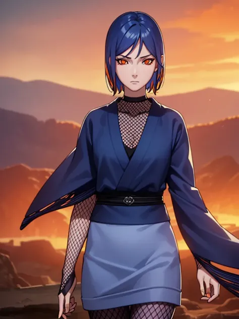 The Woman, The Woman, Blue Hair, (Orange eyes:1.5), short hair, 
break fishnets, kimono, skirt,
break cowboy shot, View your viewers,
break outdoors,
break (masterpiece:1.2), highest quality, High resolution, unity 8k wallpaper, (figure:0.8), (Beautiful fi...