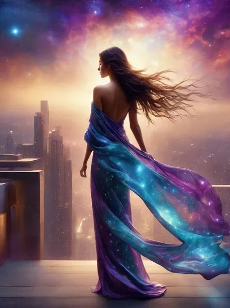 A female figure standing on the rooftop of a high-rise building，(Rooftop Focus)，Surrounded by swirling currents of cosmic energy，In a dream，hazy scenery，The silhouette of a person is wrapped in flowing starlight，A flowing robe that blends in with the galax...