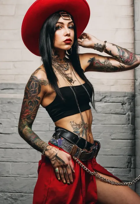 A shirtless girl with tattoos, a red hat, and a chain belt.