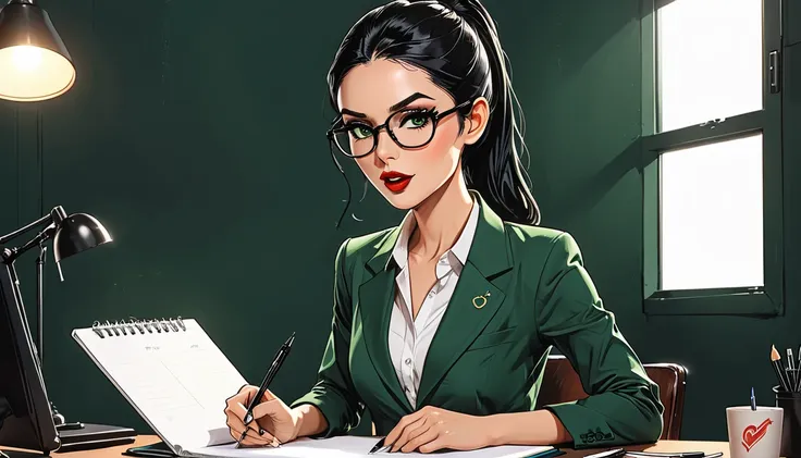 a girl sits in a chair with a notepad and a pen, a hand holds a pen, a girl in a classic dark green suit with round glasses and ...