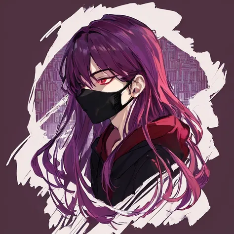 ((best quality)), ((masterpiece)), (detailed), boy, man, male, perfect face,long wavy purple with a red at the bottom of hair color, sharp eyes, dark red eyeballs, wearing a cyber masker, wearing a black mix purple hoodie color, profile picture, dark light...