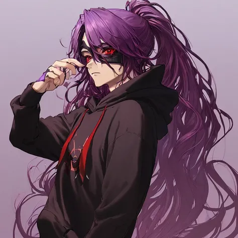 ((best quality)), ((masterpiece)), (detailed), boy, man, male, perfect face,long wavy purple with a red at the bottom of hair color, sharp eyes, dark red eyeballs, wearing a cyber masker, wearing a black mix purple hoodie color, profile picture, dark light...