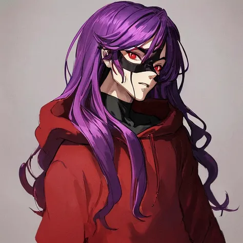 ((best quality)), ((masterpiece)), (detailed), boy, man, male, perfect face,long wavy purple with a red at the bottom of hair color, sharp eyes, dark red eyeballs, wearing a cyber masker, wearing a black mix purple hoodie color, profile picture, dark light...