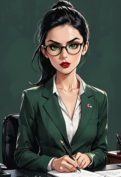 a girl sits in a chair with a notepad and a pen, a hand holds a pen, a girl in a classic dark green suit with round glasses and ...