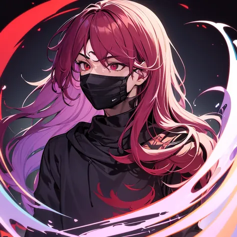 ((best quality)), ((masterpiece)), (detailed), boy, man, male, perfect face,long wavy purple with a red at the bottom of hair color, sharp eyes, dark red eyeballs, wearing a cyber masker, wearing a black mix purple hoodie color, profile picture, dark light...