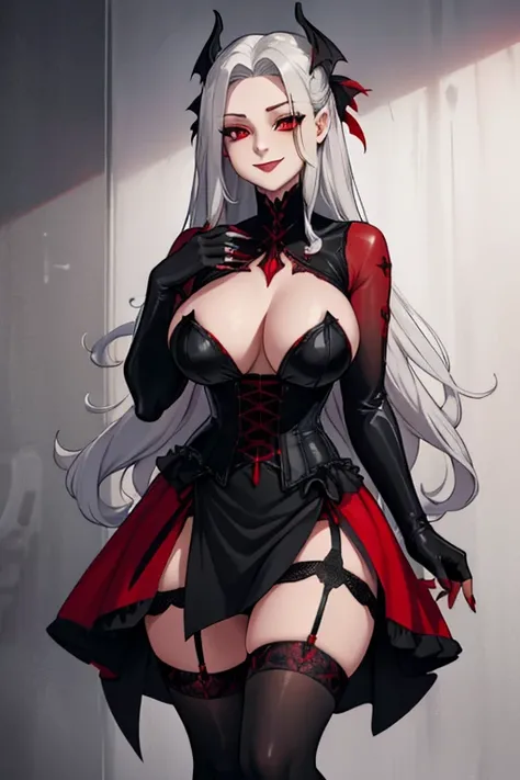 female, silver long hair with black highlights, red eyes, vampire, (((1girl))), (((red gothic dress with black accents))), (black corset), (black fingerless opera gloves), (black stockings), (red heels), cute and sexy, large breasts, large butt, full body,...