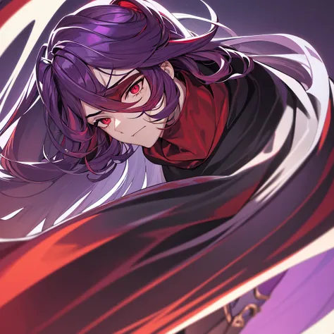 ((best quality)), ((masterpiece)), (detailed), boy, man, male, perfect face,long wavy purple with a red at the bottom of hair color, sharp eyes, dark red eyeballs, wearing a cyber masker, wearing a black mix purple hoodie color, profile picture, dark light...