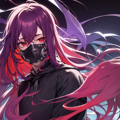 ((best quality)), ((masterpiece)), (detailed), boy, man, male, perfect face,long wavy purple with a red at the bottom of hair color, sharp eyes, dark red eyeballs, wearing a cyber masker, wearing a black mix purple hoodie color, profile picture, dark light...