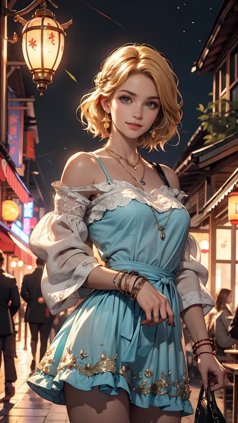 ((最high quality, 8K, masterpiece: 1.3, Ultra HD, high quality, 最high quality, High resolution, realism)) 、A 22-year-old extremely beautiful white woman、Hair color blonde、blue eyeedium Hair、Straight Hair、smile、Slender but well-proportioned body、Background b...