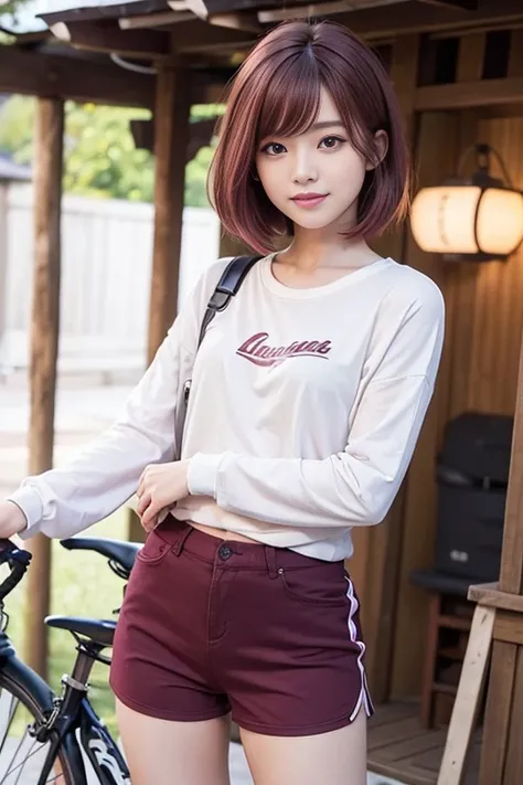 cute japanese college student、21 years old、Super detailed face、Attention to detail、double eyelid、Beautiful thin nose、Sharp focus:1.2、Beautiful woman:1.4、(Maroon brown hair＆Pink Hair、Short Hair)、（Detailed facial features）、Brunette eyes、natural bangs、White s...