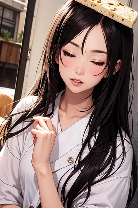 manga,1girl,((tofu on her head)),a fainting girl,19yo, eyes closed, mouth open, black hair,long hair,japanese,avenue,perfect anatomy,beautiful detailed teeth, small mouth, fresh lips,beautiful lighting, volumetric lighting, sharp,