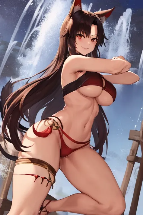 masterpiece, best quality, beautiful art, high resolution, well formed hands, body and fingers, 1 woman, solo, Kagerou Imaizumi, wolf ears and wolf tail, adult, big breasted, cleavage, full body, long  hair, hair ornament, gorgeous legs and thighs, smile, ...