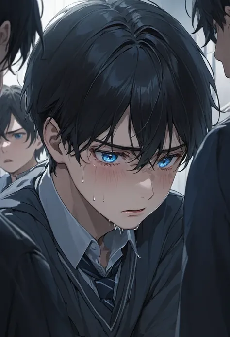 a high school boy with black hair and blue eyes, crying in the corner of the school, surrounded by four menacing men standing in...