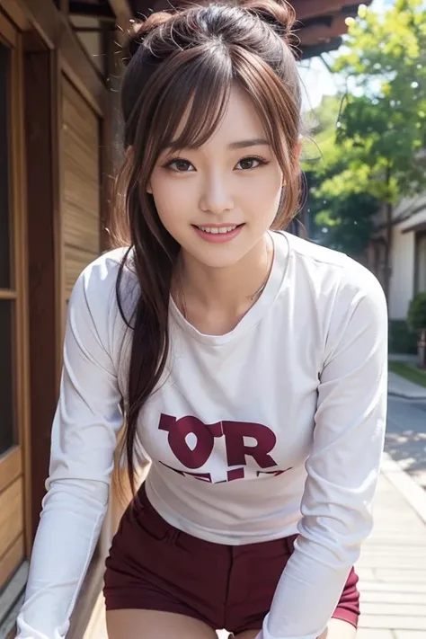 cute japanese college student、21 years old、Super detailed face、Attention to detail、double eyelid、Beautiful thin nose、Sharp focus:1.2、Beautiful woman:1.4、(Maroon brown hair、Bun Hair)、（Detailed facial features）、Brunette eyes、natural bangs、White skin、highest ...