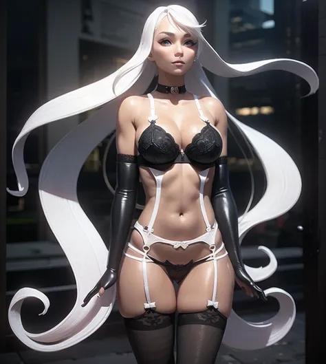 (lace, lace-trim, white elbow gloves, white bow bra, white thighhighs, bare shoulders, thighs, underwear only, bow panties, white choker, g-string, thong:1.4), cleavage, (orange eyes, long white hair, swept bangs, messy hair:1.4), (pink lips, hair flower, ...