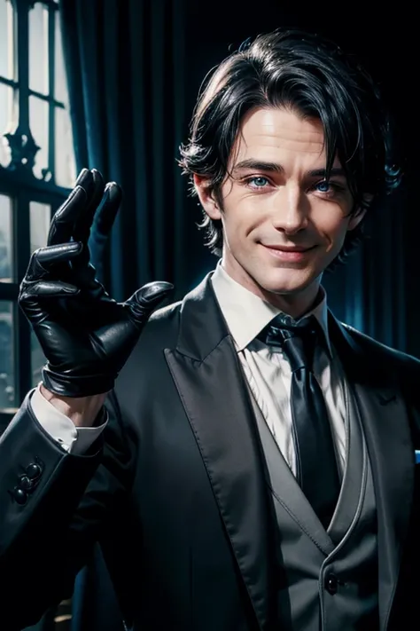 a mature irish butler with black hair, blue eyes, smiling while reaching his hand, wearing a black suit with black gloves