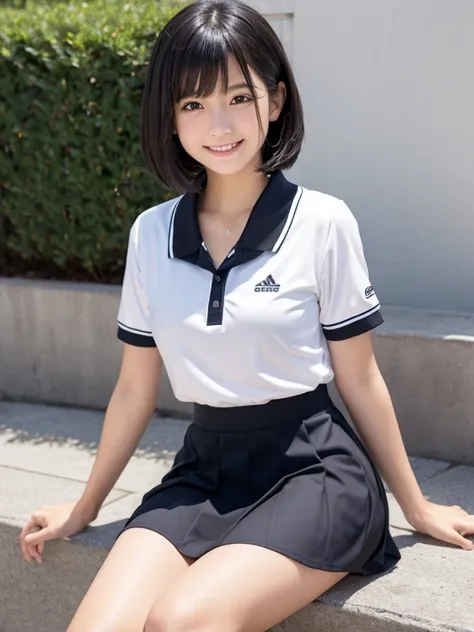 ((Whole body 1.4))((masterpiece)), ((best quality)), (ultra-detailed), ((kawaii)), cute, (lovely), realistic, real, full body, In town, daytime, a cute girl, 1girl, solo, beautiful black hair, beautiful black eyes, ((beautiful eyes)), short hair, ribon, sm...