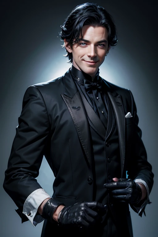 a mature irish butler with black hair, blue eyes, smiling faintly while reaching his hand, wearing a black suit with black gloves