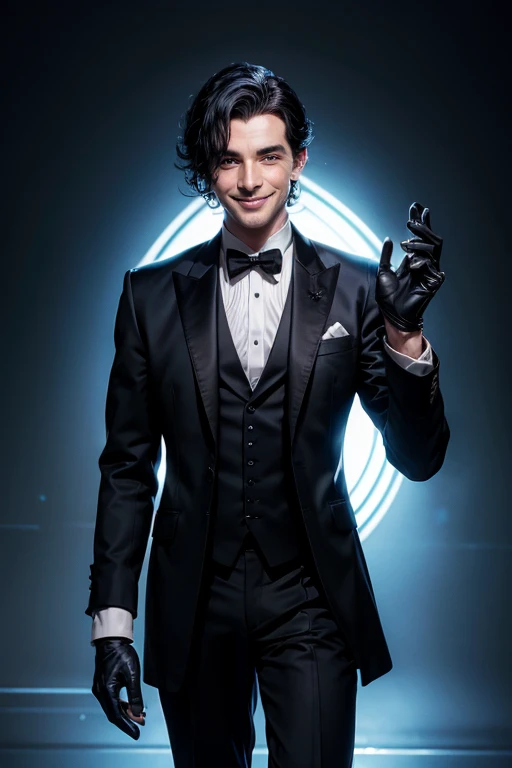 a mature irish butler with black hair, blue eyes, smiling lightly while reaching his hand, wearing a black suit with black gloves