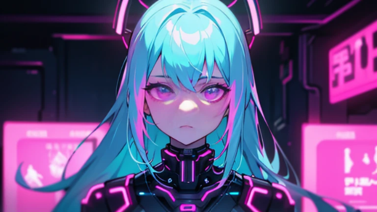 1 girl, pink neon ,Android, 女性Android , cyber punk, club,Dim lighting, neon signs,fc portrait, neon,cyber punk, Futuristic ,