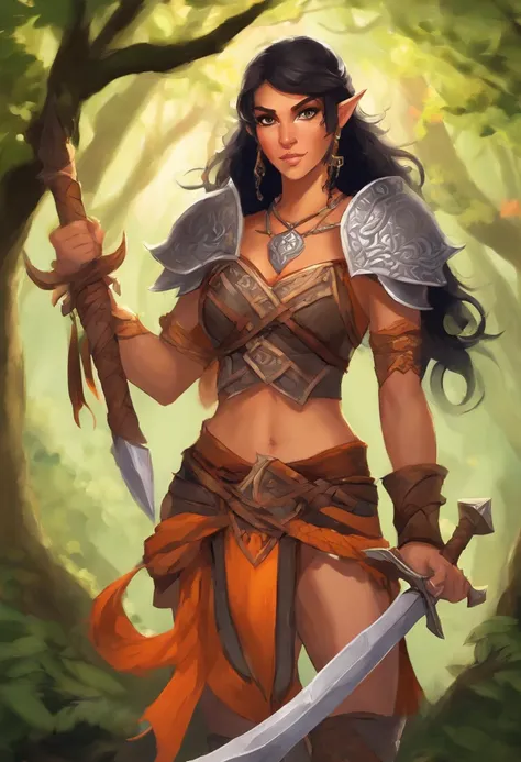 A female barbarian Elf. Tanned skin, short black hair, orange fathers in it, gray eyes.  Wears armor with some orange detailing and has daggers in her hands. Wearing a fox-shaped necklace. She is in a forest.