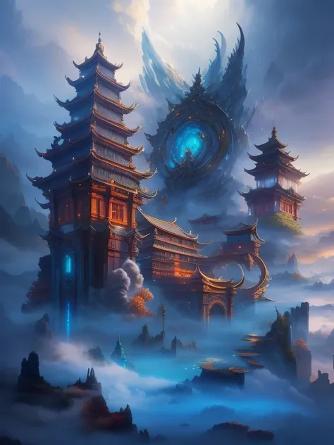 masterpiece,highres,gufengmap, great building,aura,clouds and mist swirled around