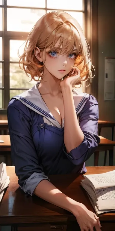 Blue-orange curls are curved inward，，There is a strong sense of freshness and freshness,girl with,((serafuku)), hands on ones face, Elbows on the desk, Sit up, ‎Classroom, sunlights, window, see the beholder, Face in Love, I can see the cleavage:1.2, The f...