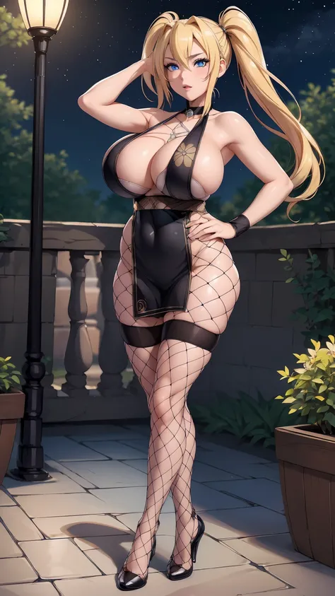 masterpiece, ultra high-quality, extremely detail 8k cg, high resolution, 1girl, narukouzumaki, twintails, wisker marks, blonde hair, blue eyes, perfect eyes, thin body, huge breasts, fakebreasts, outfit-kungfubremerton, eyewear on head, tutututu, fishnet ...