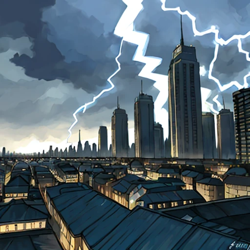 pkmn, Detailed painting of a majestic lightning storm over a city at night, with vibrant colors and intense contrasts. The painting should be rendered in a realistic style, capturing every intricate detail of the lightning bolts and the cityscape below. Th...