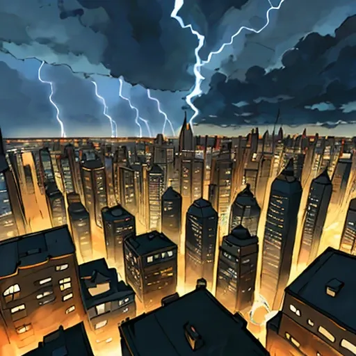 pkmn, Detailed painting of a majestic lightning storm over a city at night, with vibrant colors and intense contrasts. The painting should be rendered in a realistic style, capturing every intricate detail of the lightning bolts and the cityscape below. Th...