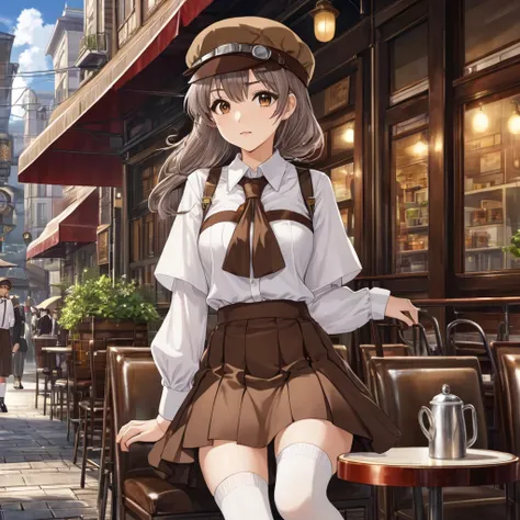 ((masterpiece)), ((highest quality)), ((High resolution)), alone, tachibana kanade, brown uniform,White blouse, Brown Skirt, Brown newsboy cap ,White socks, steampunk, face, curtained hair, Cafes in the city, Parted hair, Silver Hair ,15 years old ,Small b...