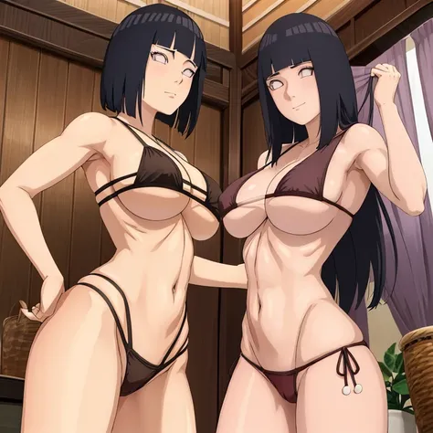 hinata(Boruto), 1women, 1girl, soft muscle body, cleavage, brown bikini top// Brown bikini bottom, spread legs, large breasts, beautiful round shaped Ass,, Brown colour lingerie,Stockings