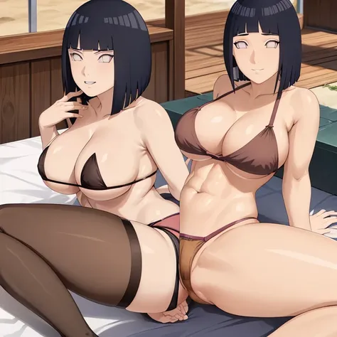 hinata(Boruto), 1women, 1girl, soft muscle body, cleavage, brown bikini top// Brown bikini bottom, spread legs, large breasts, beautiful round shaped Ass,, Brown colour lingerie,Stockings