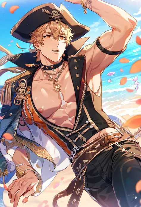 absurdres, highres, ultra detailed, HDR, master piece, best quality, Quincy, blond messy hair, expressive orange eyes, Nu Carnival, solo, sexy man, handsome, black hat, fantasy black pirate clothes, black pants, accessories, showing the chest, beach, sea, ...