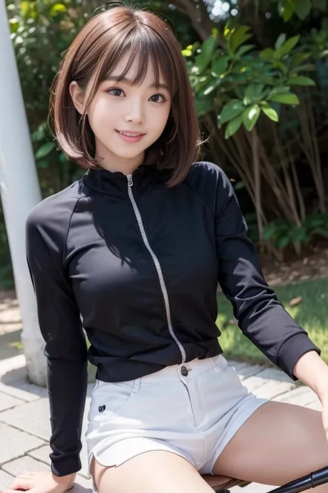 cute japanese college student、21 years old、Super detailed face、Attention to detail、double eyelid、Beautiful thin nose、Sharp focus:1.2、Beautiful woman:1.4、(Brunette colored hair、Medium Bob Hair)、（Detailed facial features）、Brunette eyes、natural bangs、White sk...