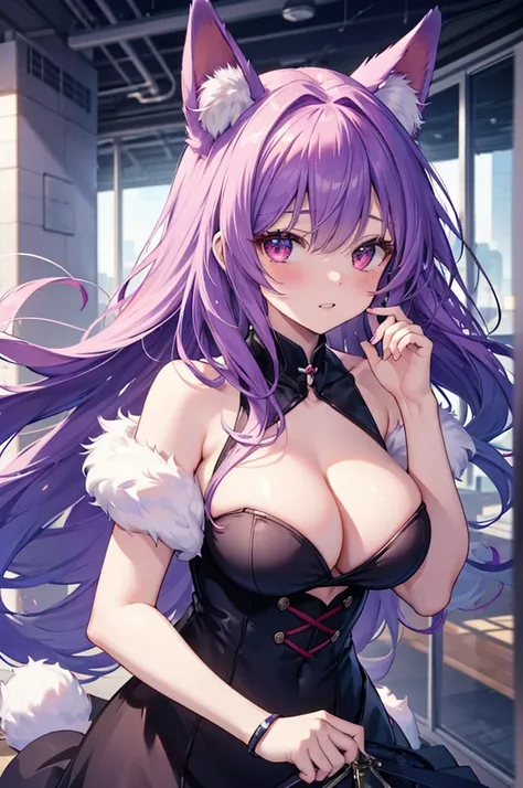 Fox Girl, Big Breasts, Voluminous purple hair, masterpiece , Red eyes、Double teeth、tooth、Blushed cheeks、 hd, from head to chest, buried in my chest、Underbust、Cleavage、Bunny Suit