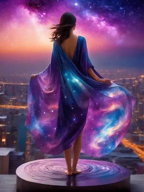 A female figure standing on the rooftop of a high-rise building, (Rooftop Focus), Surrounded by swirling currents of cosmic energy, In a dream, hazy scenery, The silhouette of a person is wrapped in flowing starlight, A flowing robe that blends in with the...