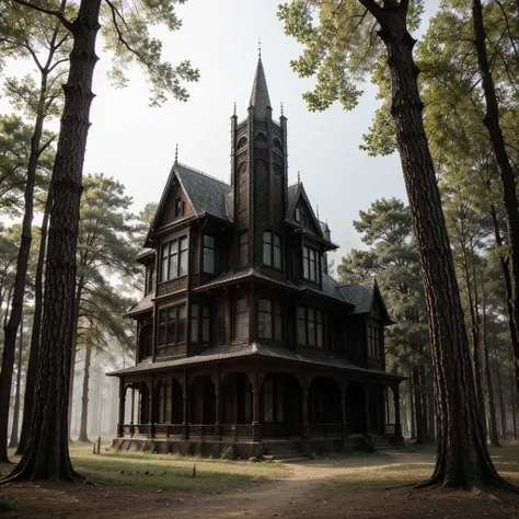 Gothic style mansion in a forest of dry trees and surrounded by fog 