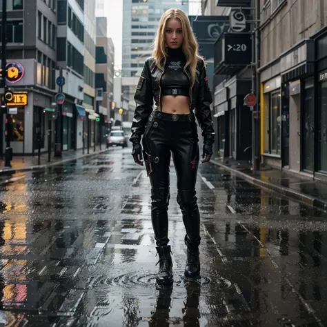 A woman from the special forces cyber punk outfit 3020 bright colors and neutral colors scenery rainy weather street with puddles of water but she is determined and doesn&#39;t care about anything blonde hair fair skin fit body 